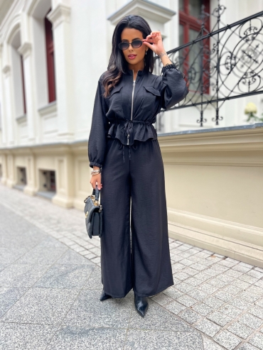Komplet koszulowy bluzka i spodnie wide leg czarny Noemi