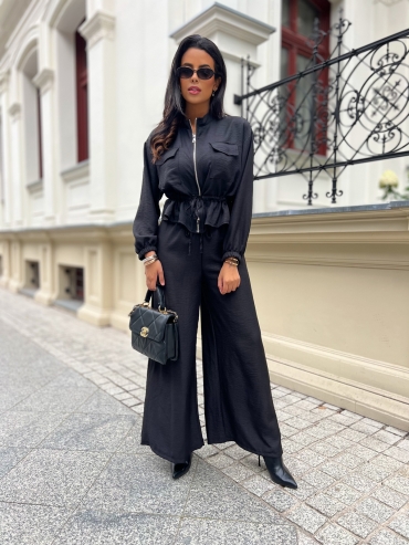Komplet koszulowy bluzka i spodnie wide leg czarny Noemi