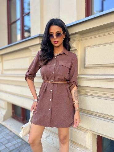 Sukienka mini koszulowa z paskiem camel Emine