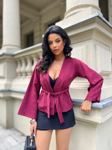 Krótkie kimono z paskiem bordo Sasha