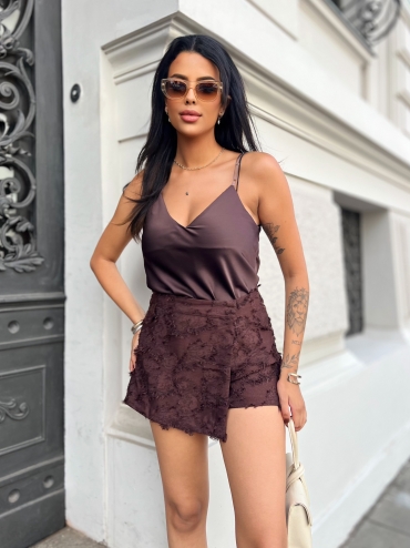 Komplet marynarka i spódnico szorty z frędzlami czekolada Emeline