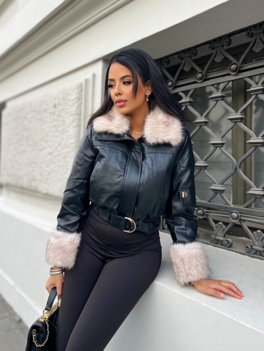Kurtka ramoneska skórzana z jasnym futrem czarna Allure