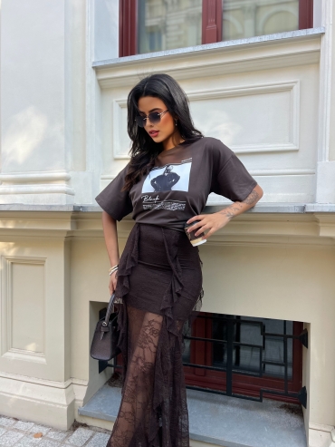 Bawełniany T-shirt oversize z nadrukiem czekolada True Stories