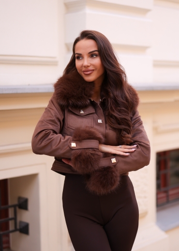 Kurtka ramoneska zamszowa z futrem czekolada Valentin