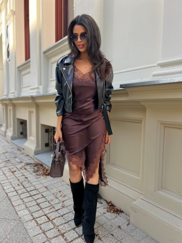 Sukienka satynowa z koronką bordo Pelle