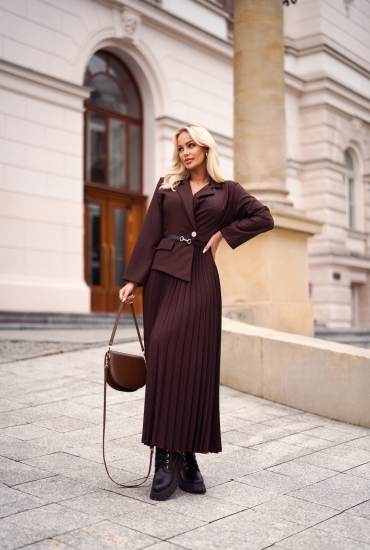 Sukienka marynarkowa maxi plisowana czekolada