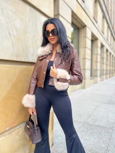 Kurtka ramoneska skórzana z futrem czekolada Valentin