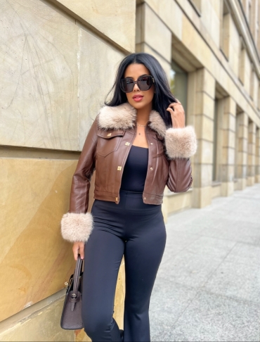 Kurtka ramoneska skórzana z futrem czekolada Valentin