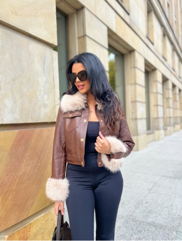 Kurtka ramoneska skórzana z futrem czekolada Valentin