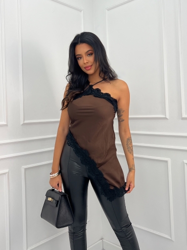 Top satynowy czekoladowy z koronką Michelle