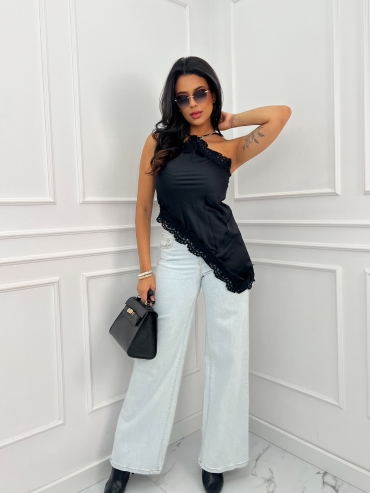 Top satynowy czarny z koronką Michelle