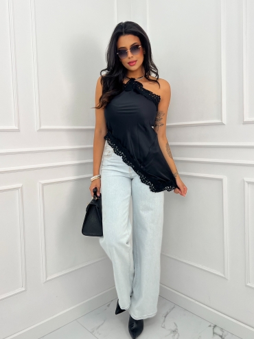 Top satynowy czarny z koronką Michelle