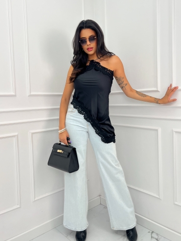 Top satynowy czarny z koronką Michelle