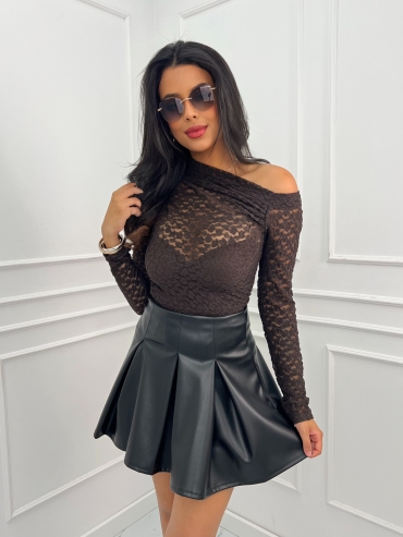 Bluzka odkryte ramię czekolada koronka