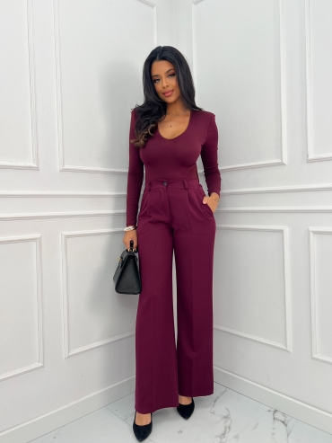 Spodnie wide leg w kant śliwka