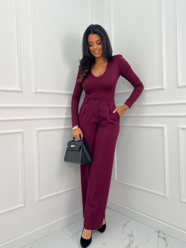 Spodnie wide leg w kant śliwka