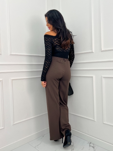 Spodnie wide leg w kant czekolada