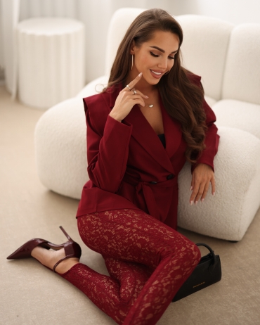 Legginsy koronkowe z zapiętka na palec bordo Glamour