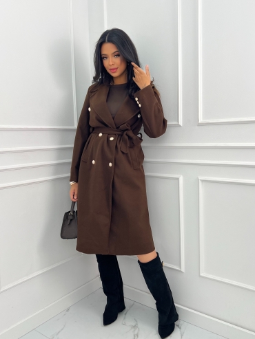 Płaszcz długi z paskiem złote guziki brąz Ingrid