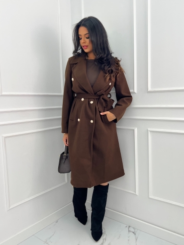 Płaszcz długi z paskiem złote guziki brąz Ingrid