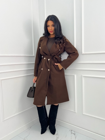 Płaszcz długi z paskiem złote guziki brąz Ingrid