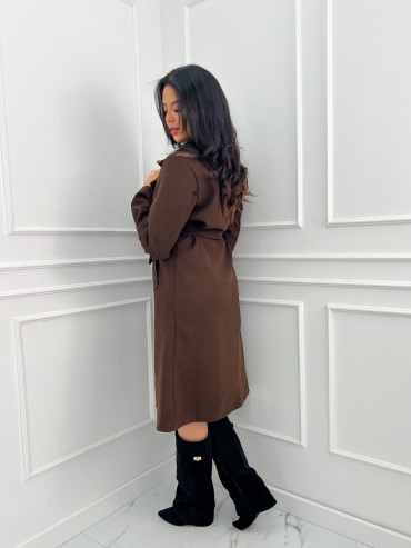 Płaszcz długi z paskiem złote guziki brąz Ingrid