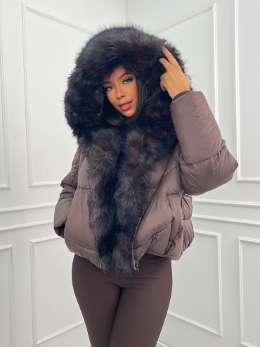 Krótka kurtka z futrem ciemna czekolada Katia