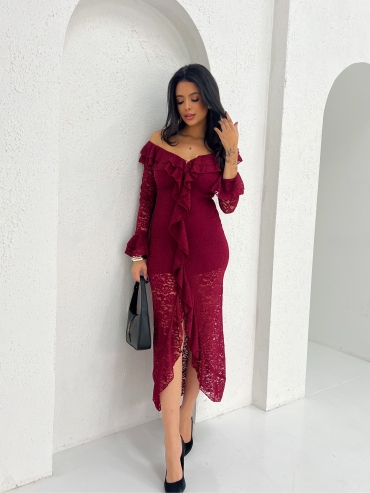 Sukienka maxi koronkowa z falbanami bordo Lusi