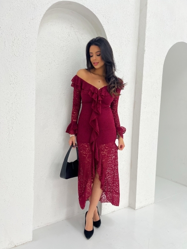 Sukienka maxi koronkowa z falbanami bordo Lusi