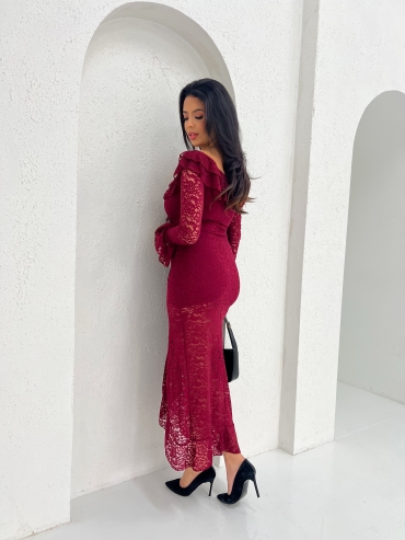 Sukienka maxi koronkowa z falbanami bordo Lusi