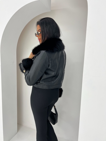 Kurtka ramoneska skórzana z czarnym futrem czarna Valentin