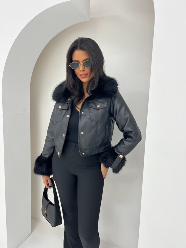 Kurtka ramoneska skórzana z czarnym futrem czarna Valentin