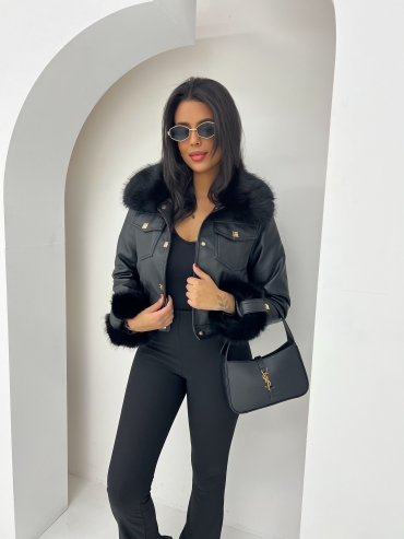 Kurtka ramoneska skórzana z czarnym futrem czarna Valentin