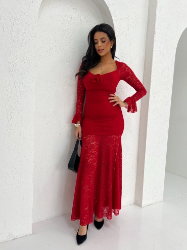 Sukienka maxi koronkowa długi rękaw czerwona Devon