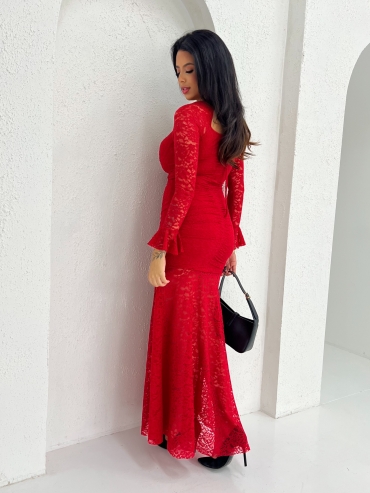 Sukienka maxi koronkowa długi rękaw czerwona Devon