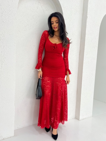 Sukienka maxi koronkowa długi rękaw czerwona Devon