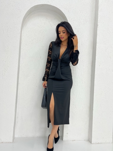 Sukienka maxi koronkowy rozkloszowany rękaw czarna Juddy