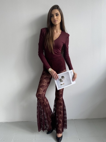 Spodnie dzwony koronkowe burgund Blanca