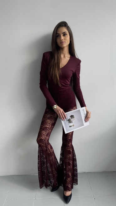 Spodnie dzwony koronkowe burgund Blanca