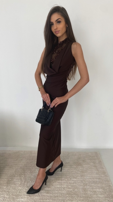 Sukienka maxi elastyczna z cekinami czekolada Pola