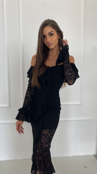 Sukienka maxi koronkowa z falbanami czarna Lusi