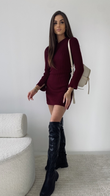 Sukienka rozkloszowana mini dzianinowa bordo Charlotte