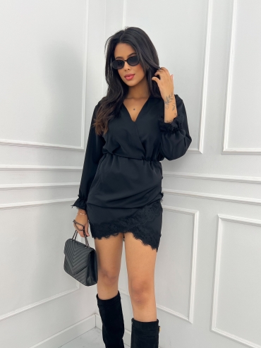 Komplet satynowy koszula i spódnica z koronką czarny