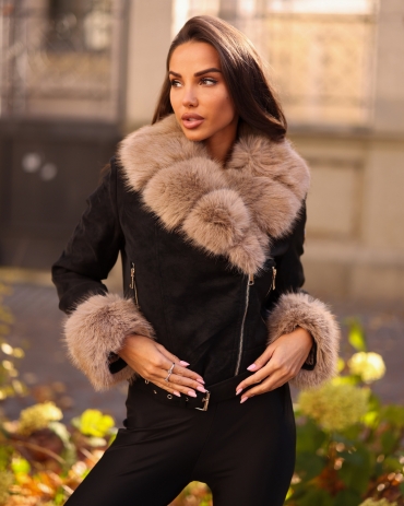 Kurtka ramoneska miękka skóra z futrem czarna Hazel