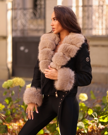 Kurtka ramoneska miękka skóra z futrem czarna Hazel