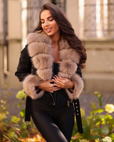 Kurtka ramoneska miękka skóra z futrem czarna Hazel