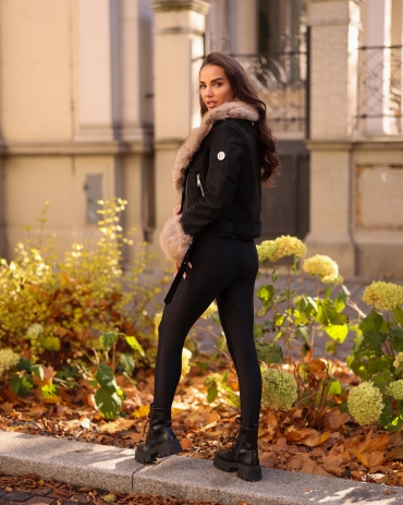 Kurtka ramoneska miękka skóra z futrem czarna Hazel