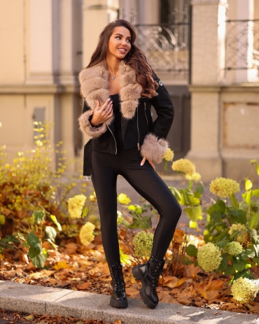 Kurtka ramoneska miękka skóra z futrem czarna Hazel