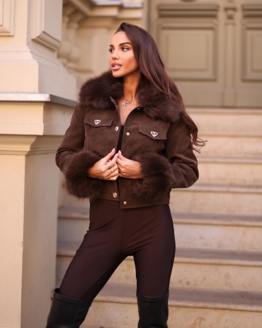 Kurtka ramoneska miękka skóra z futrem czekolada Olly