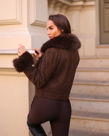 Kurtka ramoneska miękka skóra z futrem czekolada Olly